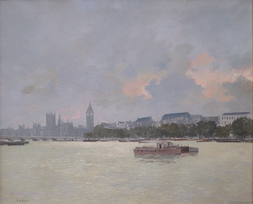 Roy Perry (1935-1993), oil on canvas, London from the Thames, signed, 49 x 59cm, ornate gilt framed. Condition - fair